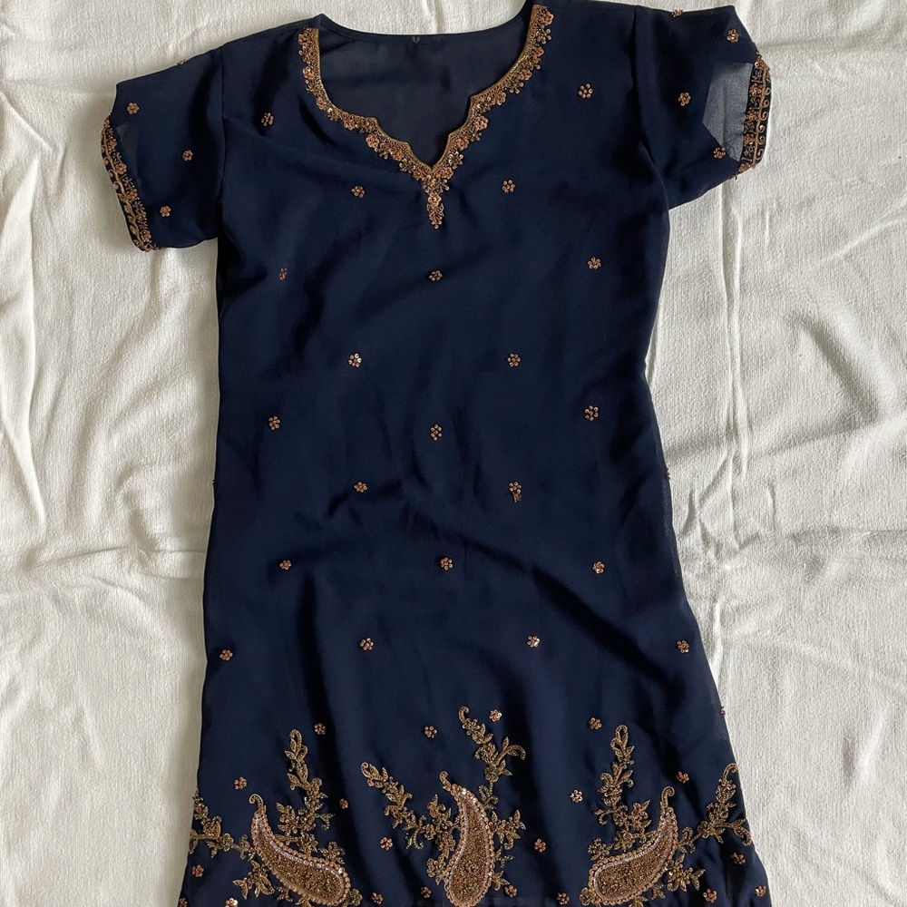 Blue and gold embroidered dress